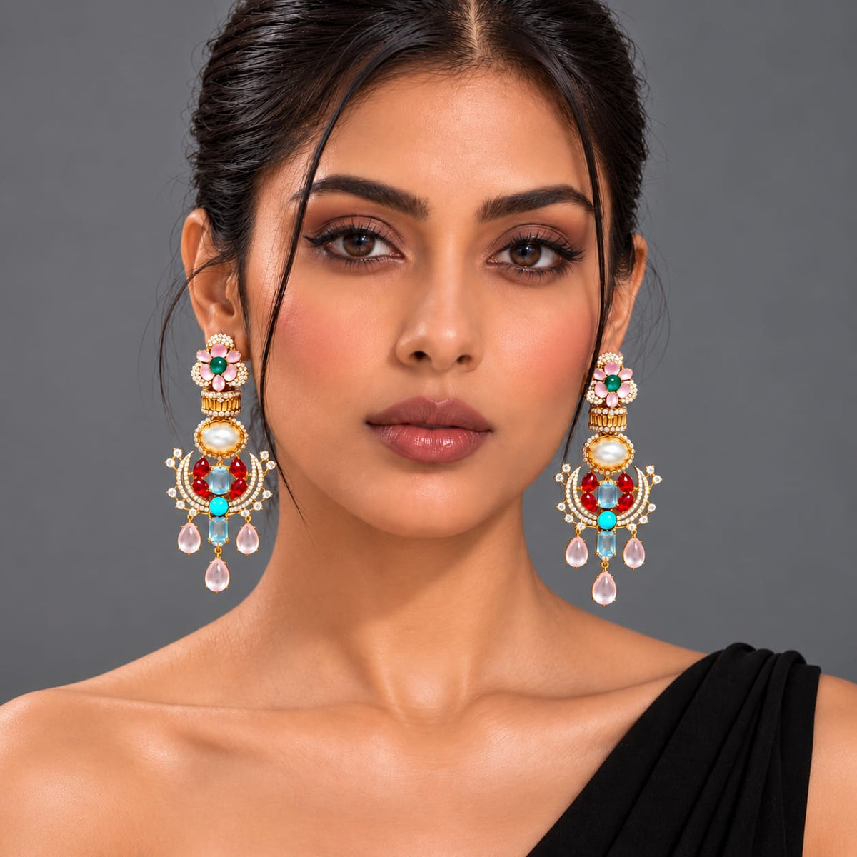 Noorani Multicolor Zircon pearl statement earrings