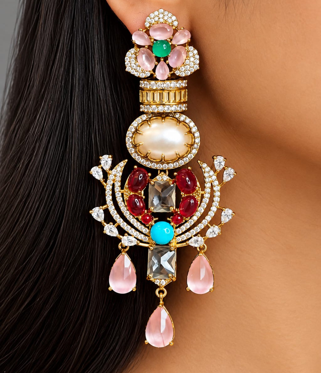Noorani Multicolor Zircon pearl statement earrings