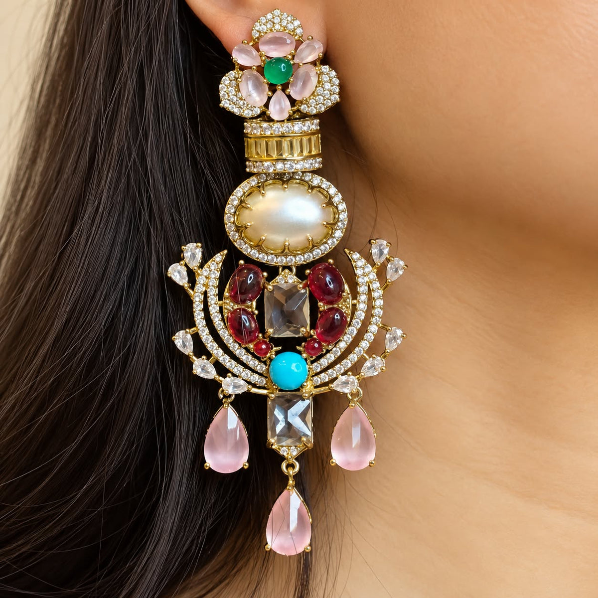 Noorani Multicolor Zircon pearl statement earrings